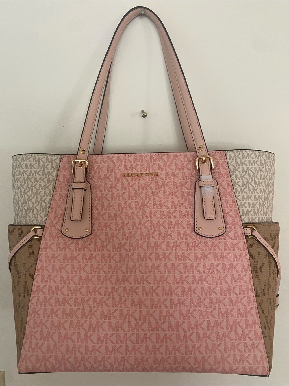 Michael Kors Pink and Beige Signature Tote with Gold Hardware